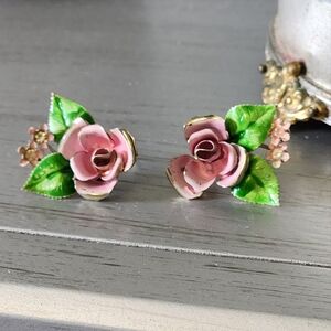 VINTAGE  ROSE FLOWER EARRINGS Enamel